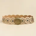 Beige western belt with turquoise studs and vintage bronze floral buckle detail - Antique Bronze Light Gold