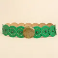 Boho green faux leather belt with turquoise beads and ornate vintage gold buckle - Antique Bronze Light Green