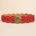 Bohemian wide red leather belt featuring turquoise accents and a large floral buckle - Antique Bronze Red