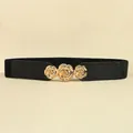 Detailed view of elastic waist belt with three golden rose flower metal buckles for dresses - Black / 63cm