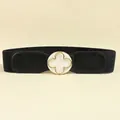 Detail of black elastic waist belt with a golden clover pattern circular buckle - Black