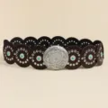 Western style brown leather disc belt with turquoise beads and engraved silver buckle - Antique Silver Coffee