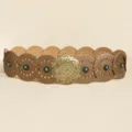 Western style brown disc belt with turquoise beads and vintage floral carved buckle - Antique Bronze Champagne