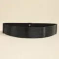 Chic black elastic waist belt with glossy multilayered bands and metal snap closure - Small / Black