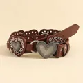 Cintura a cuore vintage in pelle marrone con occhielli argentati e fibbie bohémien - Argento Rosso Marrone / 105cm