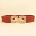 Cinturón elástico ancho marrón caramelo con hebilla geométrica de doble anillo dorado retro - 65cm / Camel