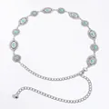 Bohemian silver waist chain featuring vintage metal carving and blue turquoise stones - Silver