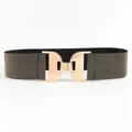 Close-up of black elastic belt with gold metallic weave and semicircular buckle - Pearlescent Black