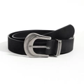 Dettaglio cintura vintage in pelle PU nera con fibbia a ferro di cavallo in argento - 99cm / Nero