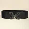 Schwarzer breiter Stretchgürtel für Damen mit Vintage Schmetterling Metallschließe - 66CM / Schwarz