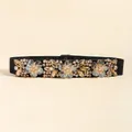 Detail of flower crystal belt with amber rhinestones on black elastic band - 65cm / Black