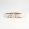 Chic cream white PU leather skinny belt featuring three floral buckles for women - White / 100cm