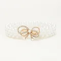 Detail of three-layer pearl waist belt with rhinestone bow buckle for dresses - White