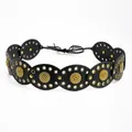 Vintage Bohemian black leather belt featuring circular metal plates and sunburst patterns - 814 Antique Bronze Black