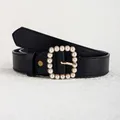 Elegant black belt for women featuring a gold square buckle with faux pearl embellishments - One Size / Black