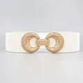 Ceinture élastique blanche chic pour femme avec boucle en métal doré à double cercle - Blanc