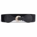 Detail of a crescent gold buckle with sparkling rhinestones on a black elastic belt - Black