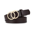 Close-up of golden double O-ring buckle on a dark brown leather fashion belt - Coffee