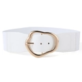 Detailed macro view of white elastic waist belt with gold irregular wave metal buckle - White