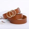 Brown leather belt with double gold circular buckle for women in a minimalist style - Camel