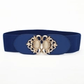 Detail of navy elastic belt with vintage gold buckle and inlaid cream cat-eye gemstones - Blue