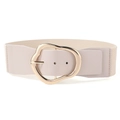 Dettaglio di cintura elastica larga beige con fibbia in metallo dorato irregolare elegante - Cachi