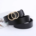 Women's thin black leather belt featuring a classic golden double O-ring metal buckle - Black