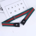 Detail view of striped elastic no-buckle belt with snap button and metal slide adjuster - 60-80cm / Red Green Stripes