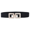 Detail of interlocking square gold buckle with rhinestones on black elastic waist belt - Black