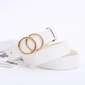 Elegant white leather belt for women featuring a minimalist golden double ring buckle design - White