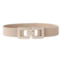 Detailed view of beige elastic waist belt with sparkling rhinestone double square buckle - Khaki
