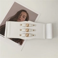 Women's French vintage wide elastic waist belt in white with gold buckle details - White