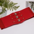 Elegant red elastic wide waist belt with triple gold buckles for dresses - Red