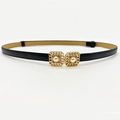 Elegante cintura sottile in pelle nera da donna con fibbia dorata intrecciata e perla - Nero