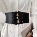 Retro black corset waist belt with golden metal buckles on white shirt dress - Black