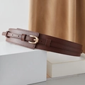 Detail of dark brown double-layer leather waist belt with polished gold buckle and stitching - Coffee / Regular Size 80/102cm