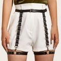 Adjustable black PU leather body harness belt with silver D-rings in punk style - Black