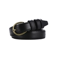 Classic black women's slim belt with a vintage bronze round pin buckle on white background - Black