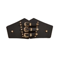 Close-up of golden embossed triple buckle and rivet detail on a black corset belt - Black