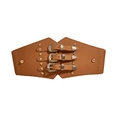 Tan brown wide waist belt with triple vintage buckles and golden rivet accents - Brown