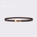 Detail of dark brown leather belt with polished gold buckle and fine stitching - Coffee / 95cm