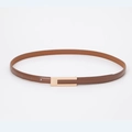 Slim brown leather belt for women with minimalist gold rectangular buckle and stitch detail - Caramel color / 95cm