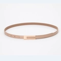 Minimalist light brown skinny belt for women with gold rectangular buckle and stitching - Khaki / 95cm
