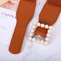 Elegant brown wide leather belt for women featuring a pearl-encrusted square buckle detail - Brown
