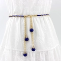 Women's gold chain waist belt with blue ribbon and pearl pendants for dresses - Blue