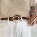 Minimalist brown leather belt for women featuring a large oval cream-colored buckle - 2.8 / 105 / Camel