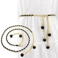 Elegant gold metal waist chain with black woven ribbon and spherical pendant charms - Black