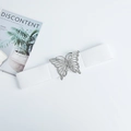 Gros plan sur la boucle papillon argentée et la texture de la ceinture élastique blanche - Boucle Papillon Argentée Blanc