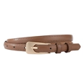 Close-up of a slim brown leather belt featuring a matte gold pin buckle on white background - Brown