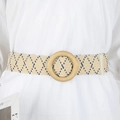 Detail of bohemian straw woven belt with navy diamond patterns and round wooden buckle - Beige Geometric Diamond